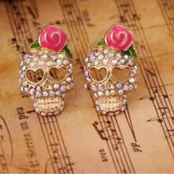 Pink Skull Skeleton Gold Crystal Earrings - Picture 4 of 13
